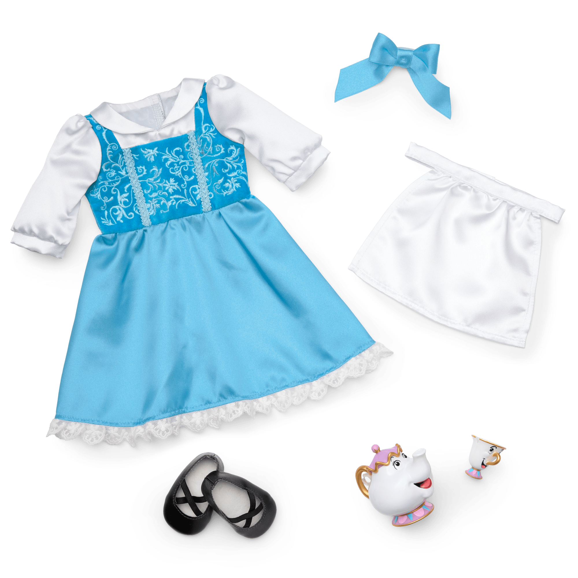 American Girl® Disney Princess Belle Blue Dress, Mrs. Potts, Chip & Accessories for 18-inch Dolls D4