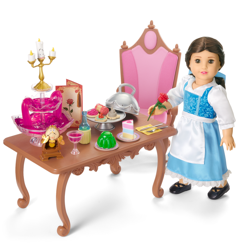 Disney Princess Belle Enchanted Castle Dining Set, Blue Dress & Friends Bundle for 18-inch Dolls C5