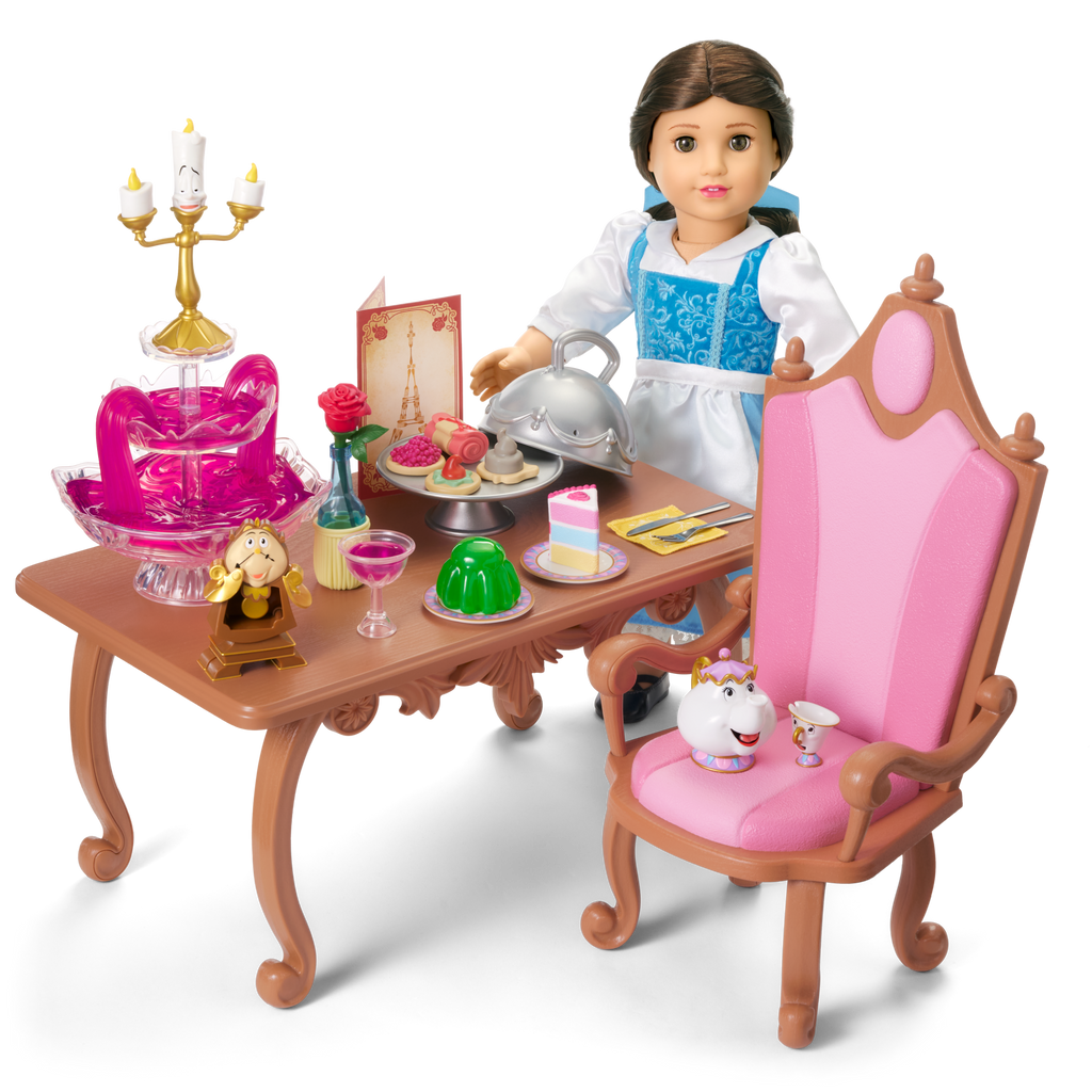 Disney Princess Belle Enchanted Castle Dining Set, Blue Dress & Friends Bundle for 18-inch Dolls C5